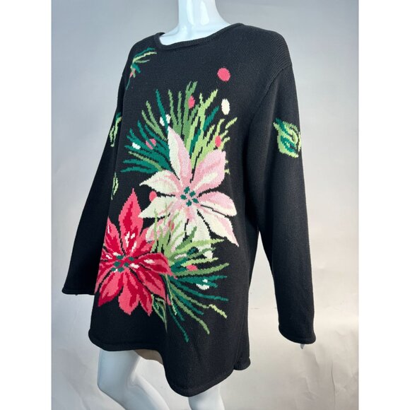 Belle Isle  Poinsettia Holiday Sweater  1X Black   Cotton Blend - Picture 13 of 16